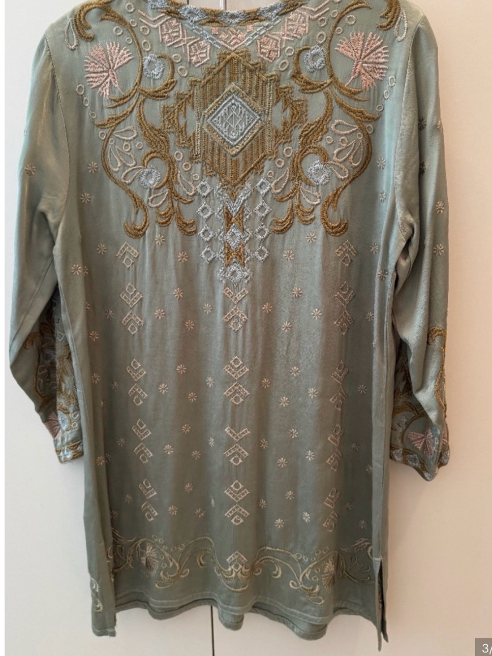 RARE Oversized Johnny Was Sage Embroidered Tunic with Gold and Pale Pink Accents - Picture 3 of 8